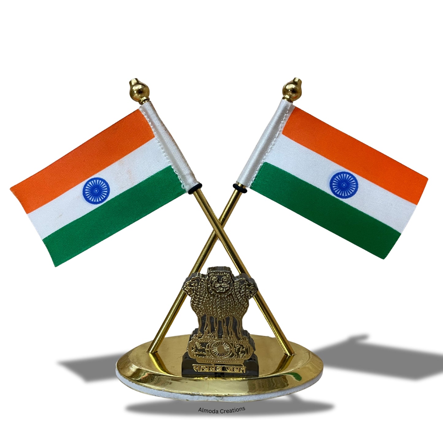 Almoda Creations Premium Indian Flag Showpiece | Heavy Metal Ashoka Stambh with Gold Finish | Car Dashboard & Desk Decoration