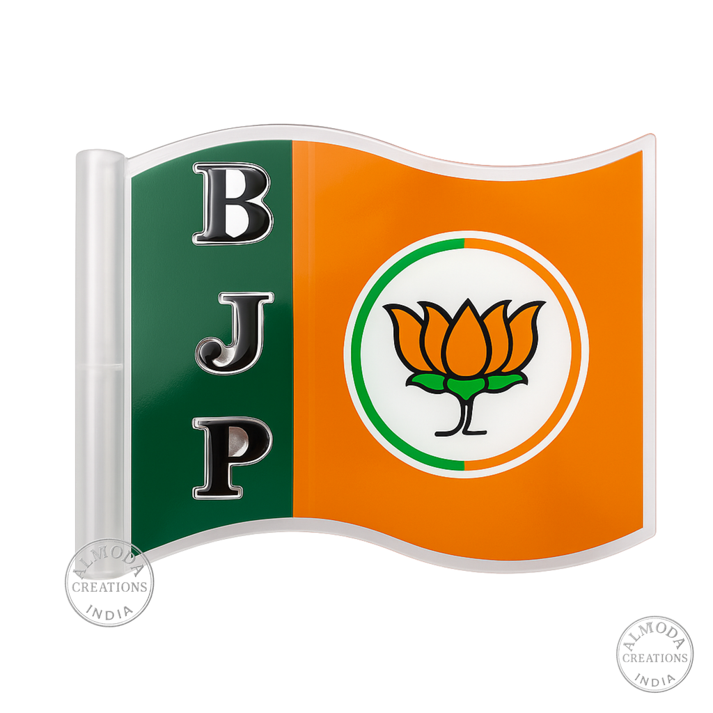 BJP 3D Curve Car Bonnet Flag with Car Stand – Sturdy Golden Rod | Weatherproof