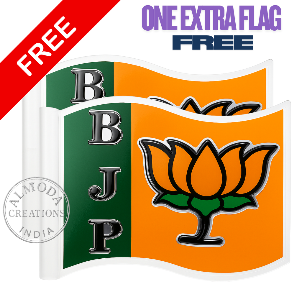 Almoda Creations BJP 3D Textured Car Bonnet Flag | Premium Golden Rod, Strong Clamp & Free Extra Flag