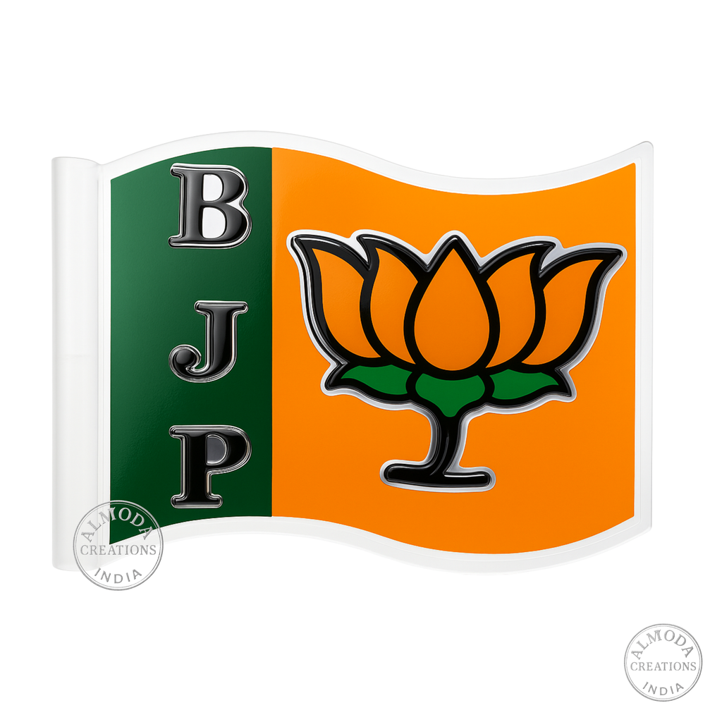 Almoda Creations BJP 3D Textured Car Bonnet Flag | Premium Golden Rod, Strong Clamp & Free Extra Flag