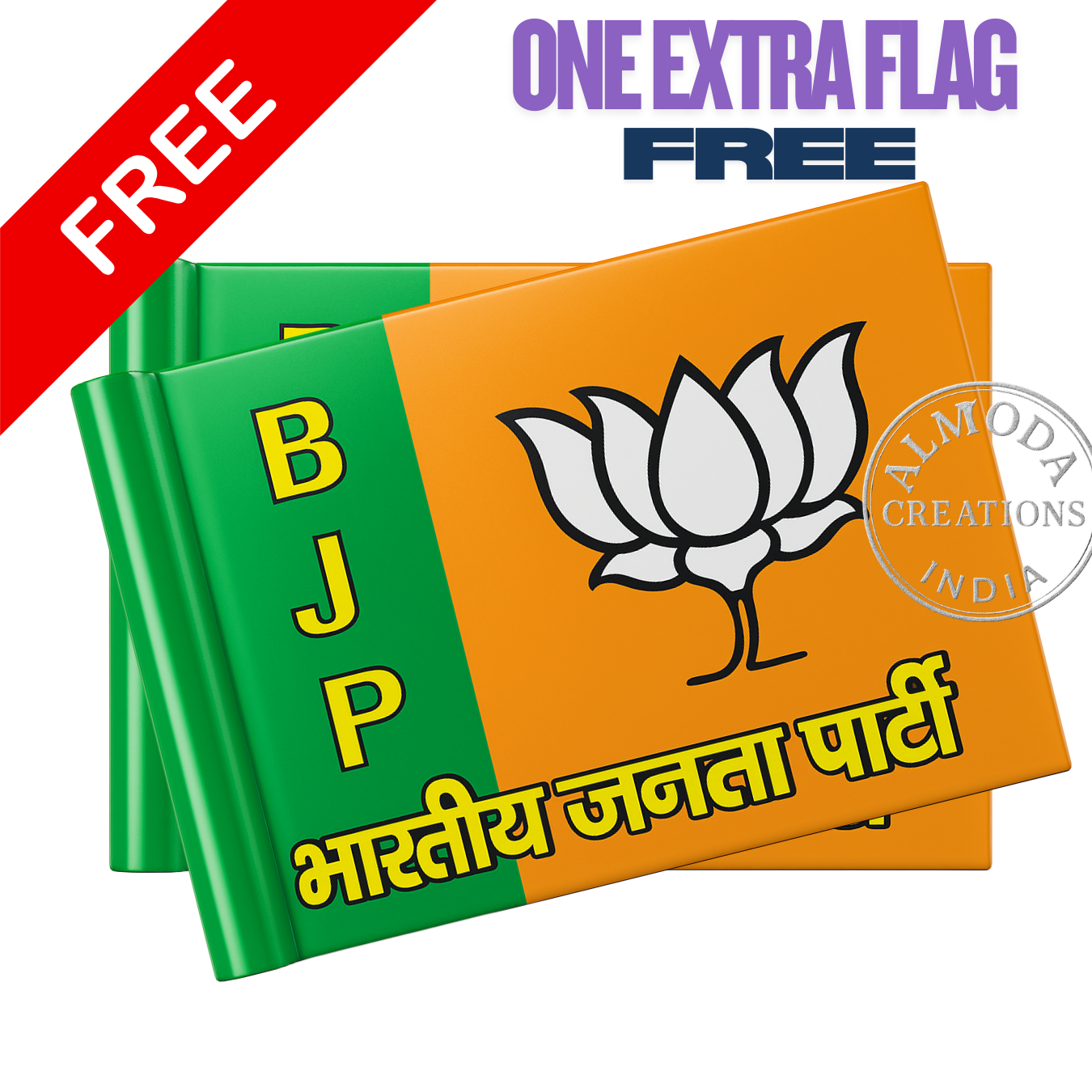Almoda Creations BJP Printed Car Bonnet Flag | Premium Golden Rod, Strong Clamp & Free Extra Flag