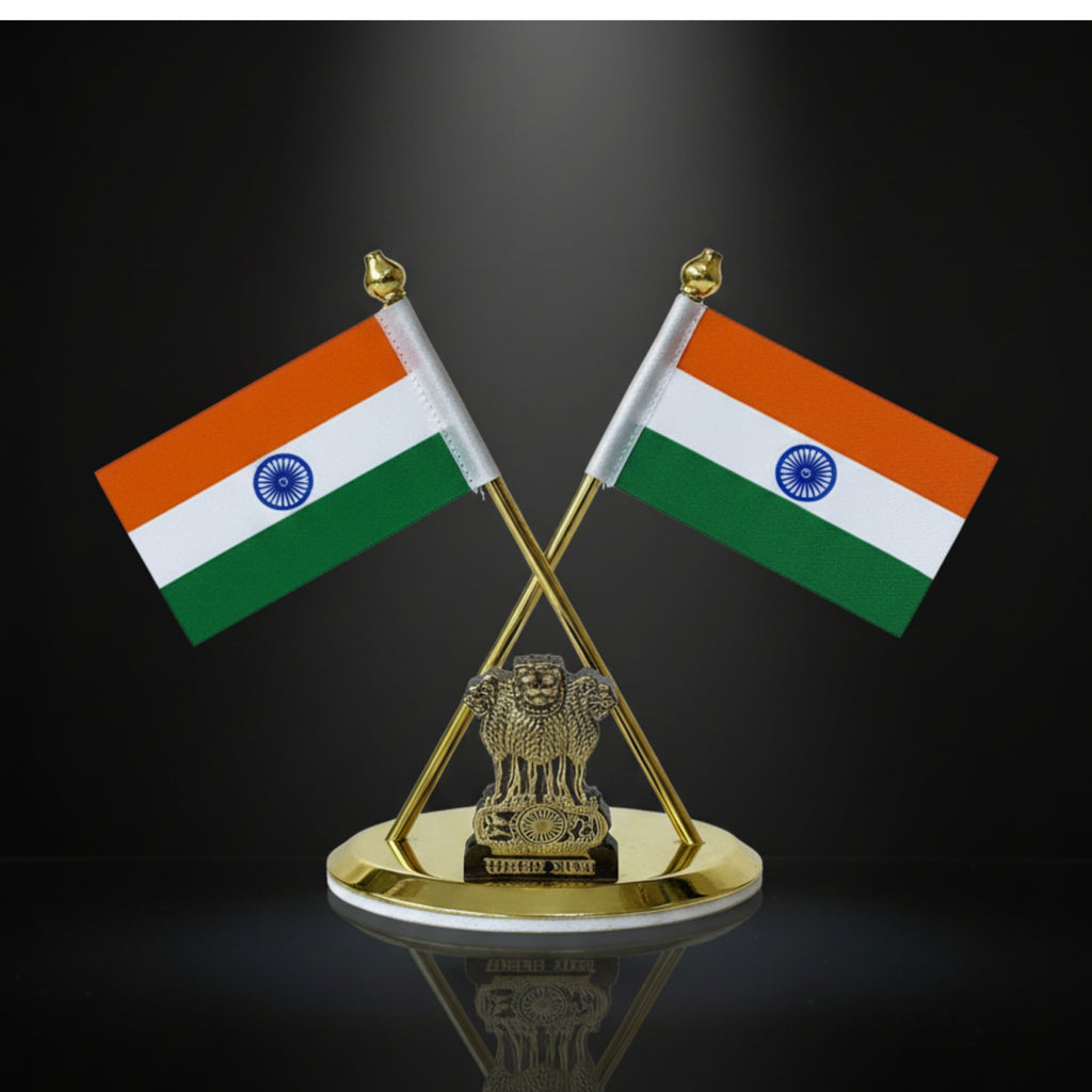 Almoda Creations Premium Indian Flag Showpiece | Heavy Metal Ashoka Stambh with Gold Finish | Car Dashboard & Desk Decoration