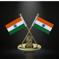 Almoda Creations Premium Indian Flag Showpiece | Heavy Metal Ashoka Stambh with Gold Finish | Car Dashboard & Desk Decoration