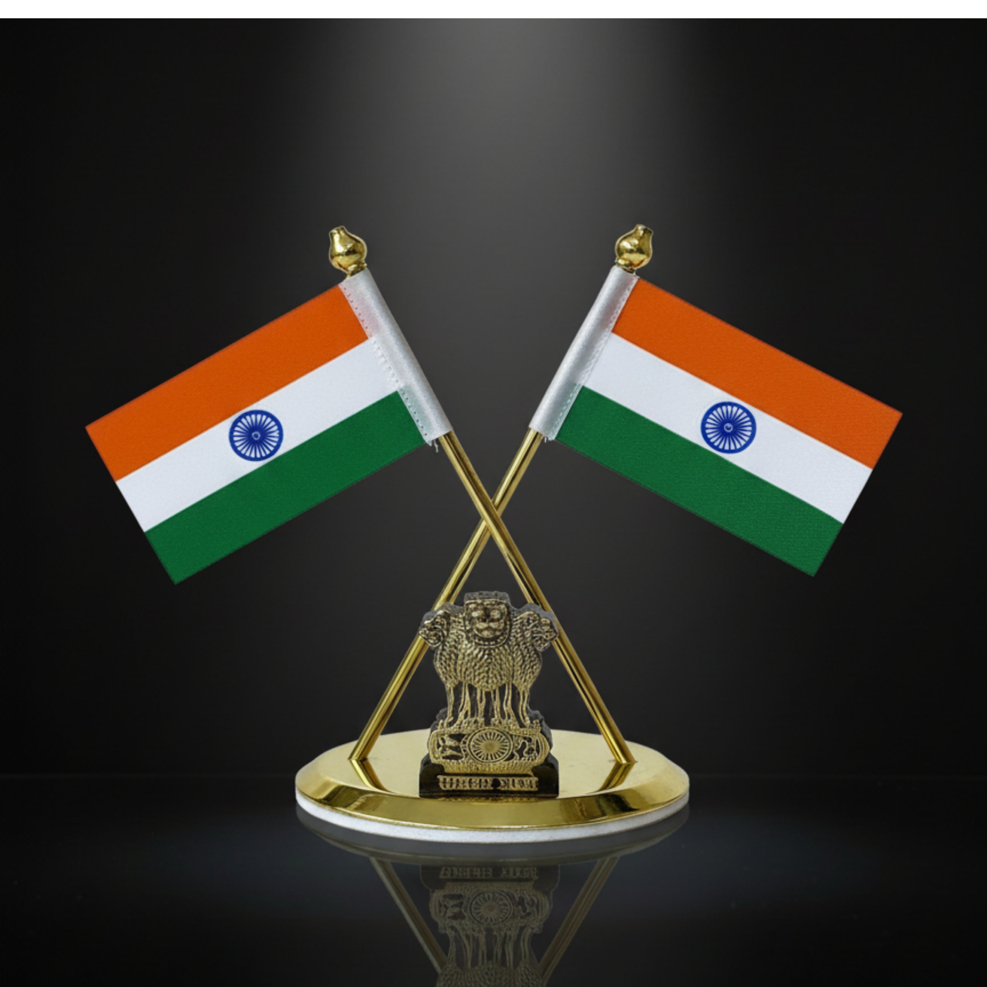 Almoda Creations Premium Indian Flag Showpiece | Heavy Metal Ashoka Stambh with Gold Finish | Car Dashboard & Desk Decoration