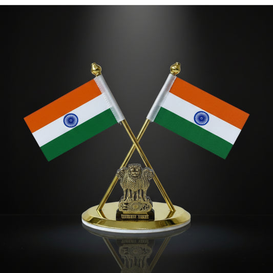 Almoda Creations Premium Indian Flag Showpiece | Heavy Metal Ashoka Stambh with Gold Finish | Car Dashboard & Desk Decoration