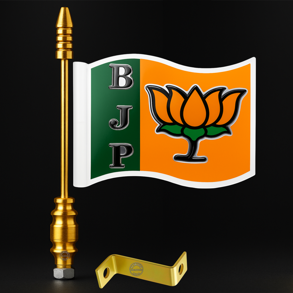 BJP 3D Curve Car Bonnet Flag with Car Stand – Sturdy Golden Rod | Weatherproof