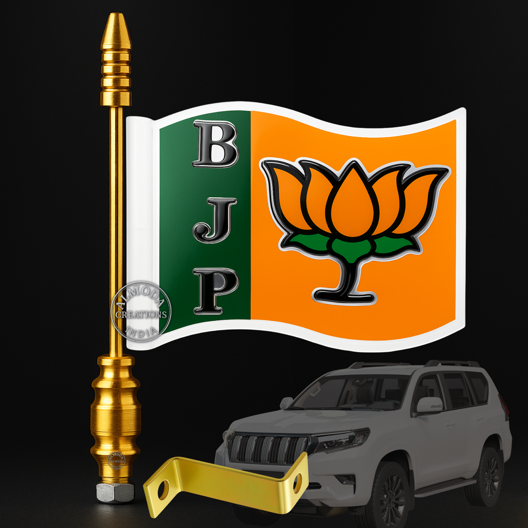 Almoda Creations BJP 3D Textured Car Bonnet Flag | Premium Golden Rod, Strong Clamp & Free Extra Flag