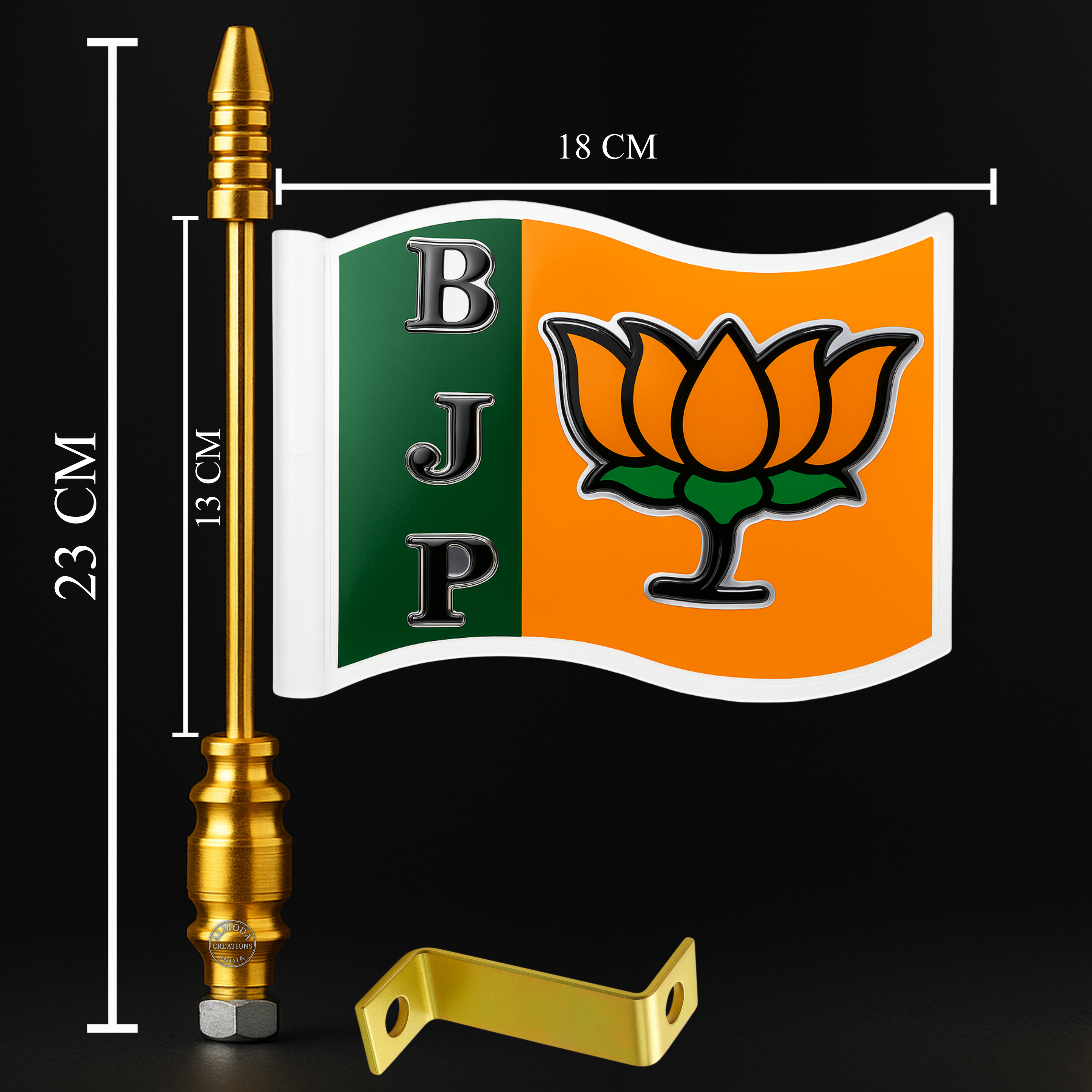 BJP 3D Curve Car Bonnet Flag with Car Stand – Sturdy Golden Rod | Weatherproof