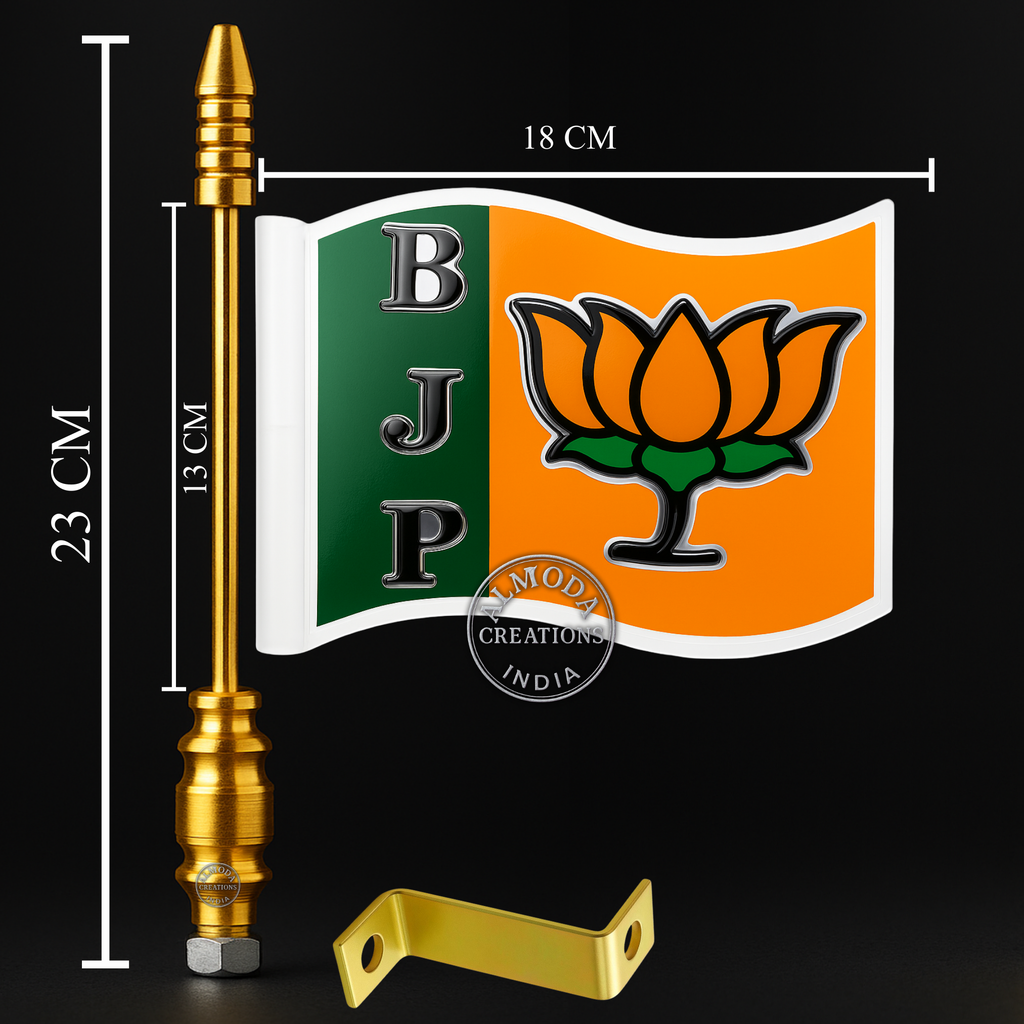 Almoda Creations BJP 3D Textured Car Bonnet Flag | Premium Golden Rod, Strong Clamp & Free Extra Flag