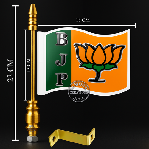 Almoda Creations BJP 3D Textured Car Bonnet Flag | Premium Golden Rod, Strong Clamp & Free Extra Flag