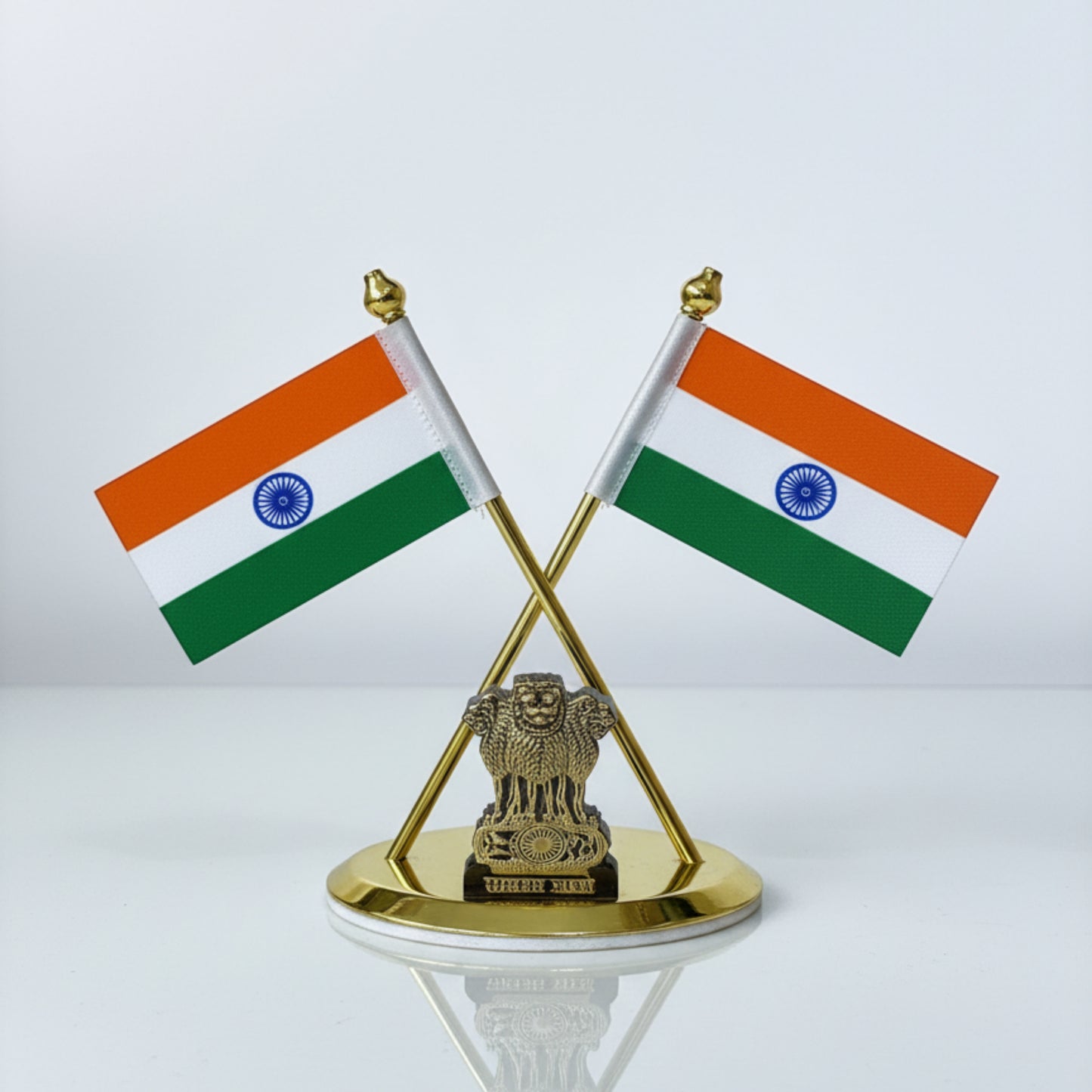 Almoda Creations Premium Indian Flag Showpiece | Heavy Metal Ashoka Stambh with Gold Finish | Car Dashboard & Desk Decoration
