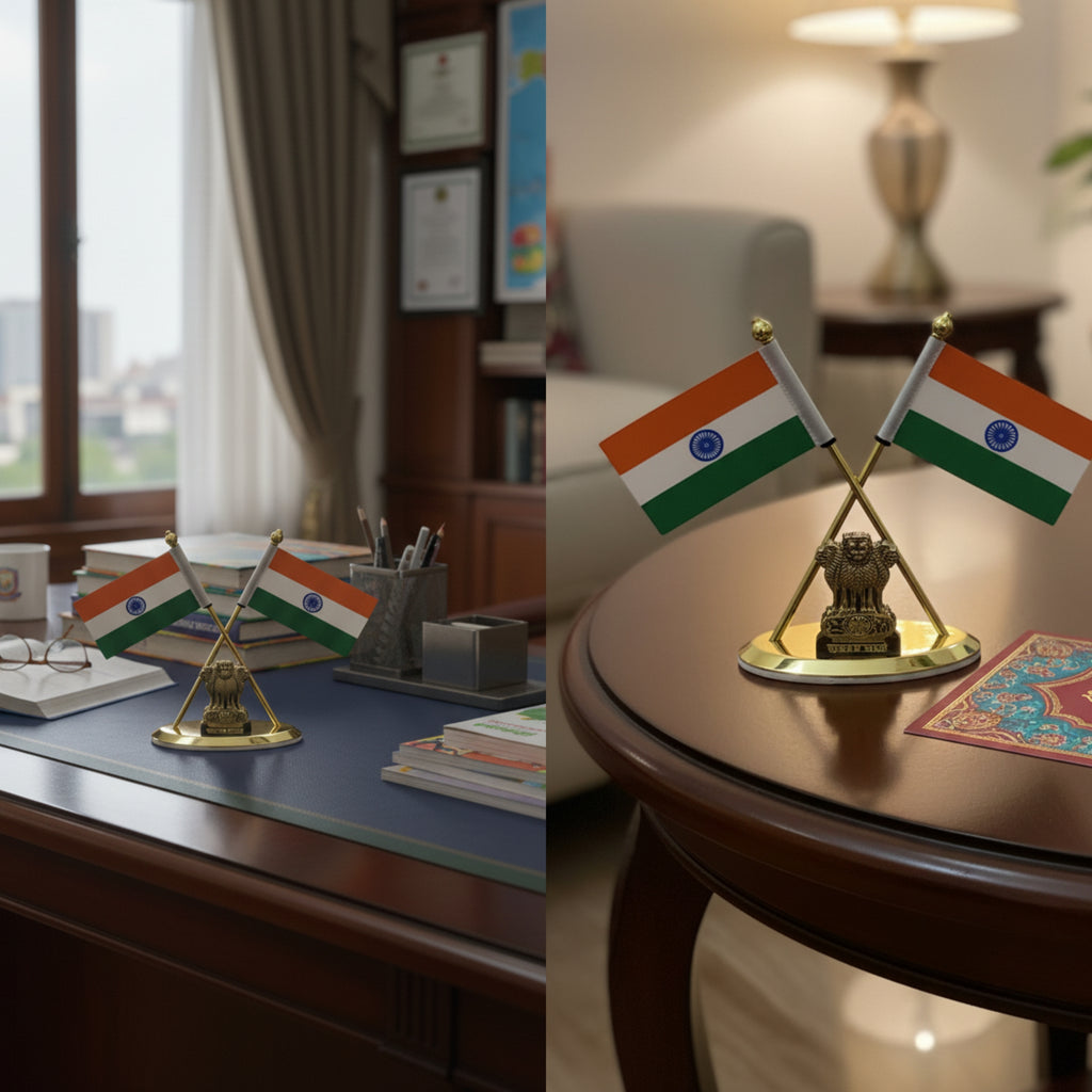 Almoda Creations Premium Indian Flag Showpiece | Heavy Metal Ashoka Stambh with Gold Finish | Car Dashboard & Desk Decoration