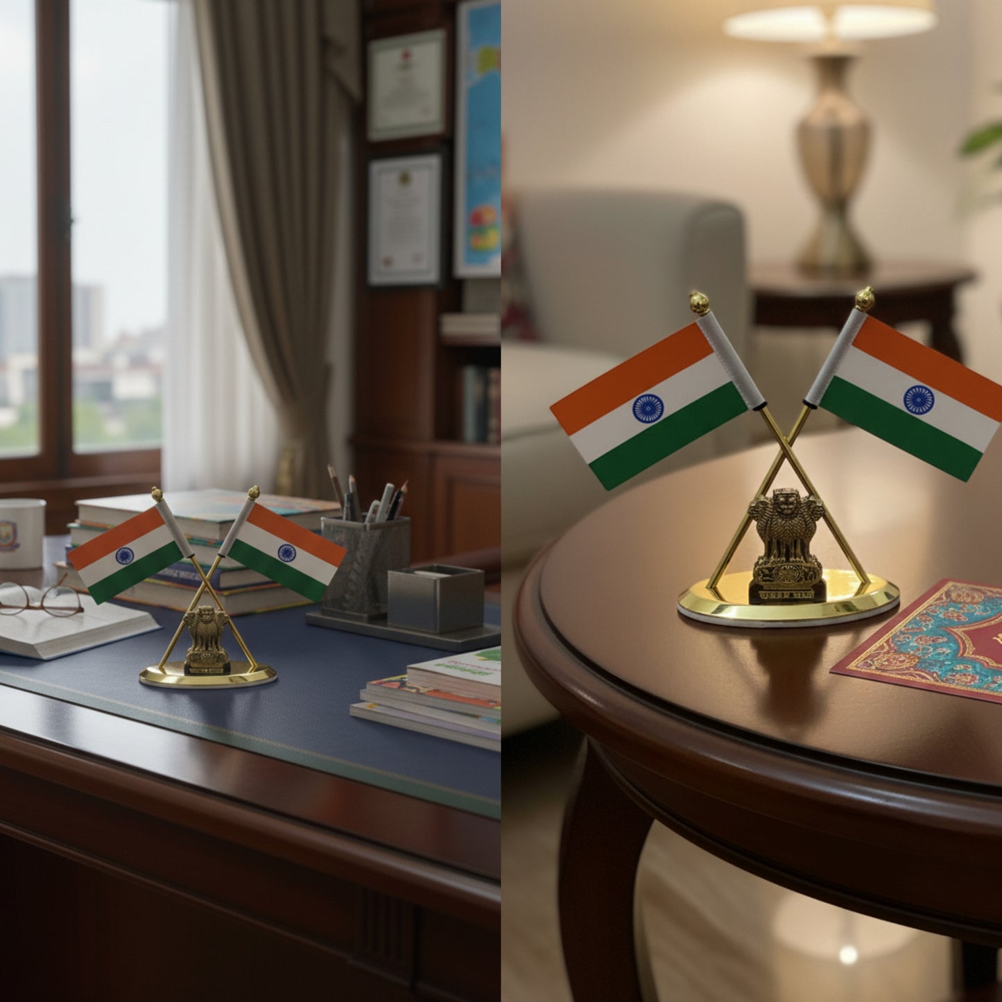 Almoda Creations Premium Indian Flag Showpiece | Heavy Metal Ashoka Stambh with Gold Finish | Car Dashboard & Desk Decoration