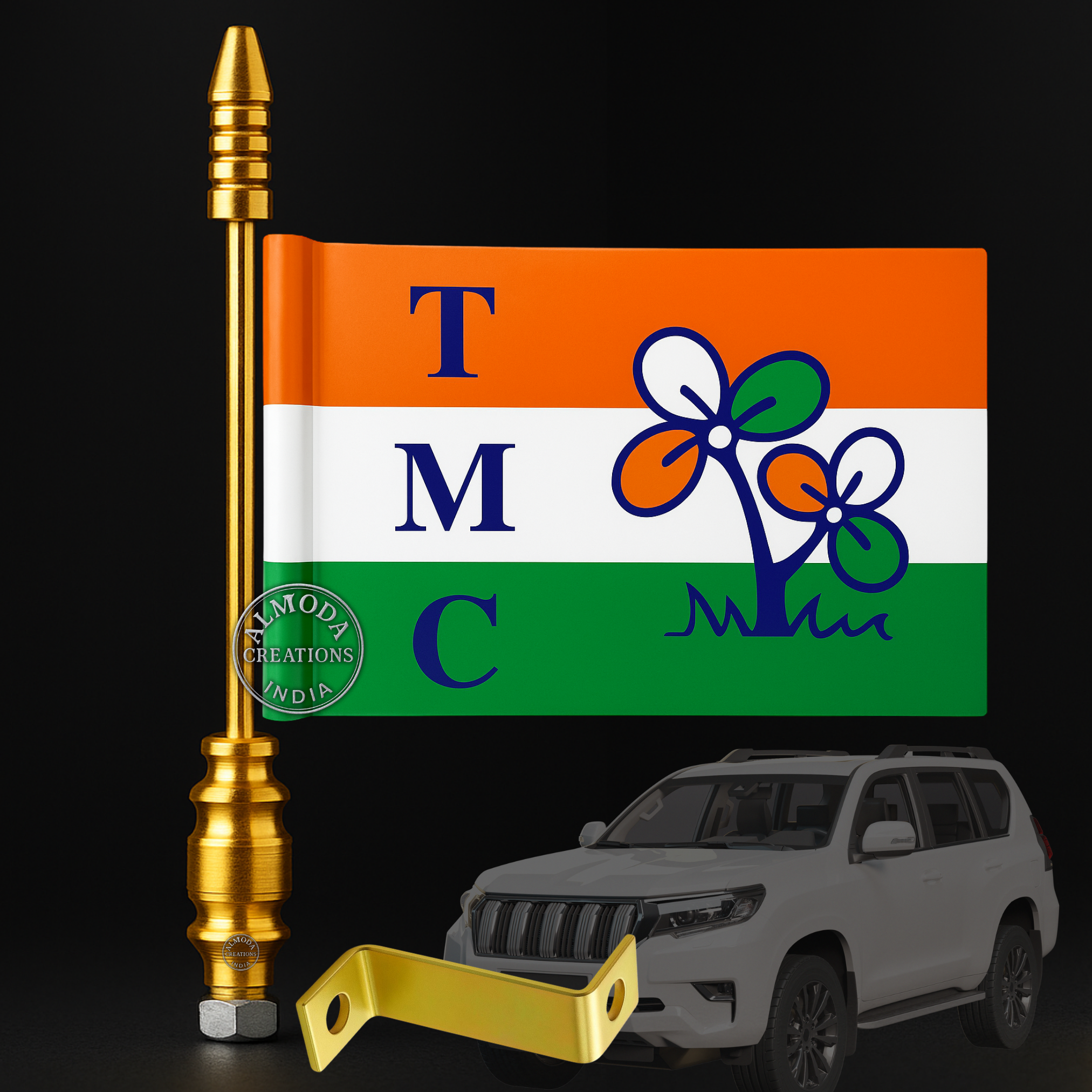 Almoda Creations TMC Party Car Bonnet Flag | Premium Golden Rod, Strong Clamp & Free Extra Flag