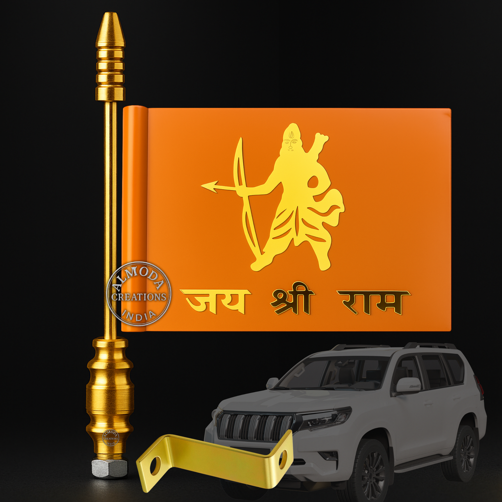 Almoda Creations Jai Shree Ram Car Bonnet Flag | Premium Golden Rod, Strong Clamp & Free Extra Flag