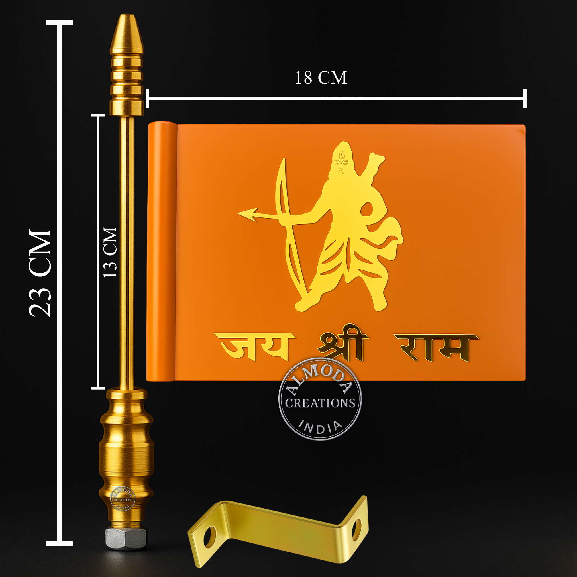 Almoda Creations Jai Shree Ram Car Bonnet Flag | Premium Golden Rod, Strong Clamp & Free Extra Flag